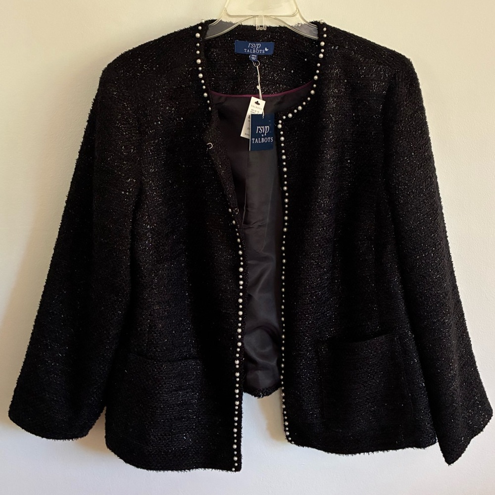 Talbots Black Sequin-Tweed Pearl-Trim Jacket, sz 20W, NWT